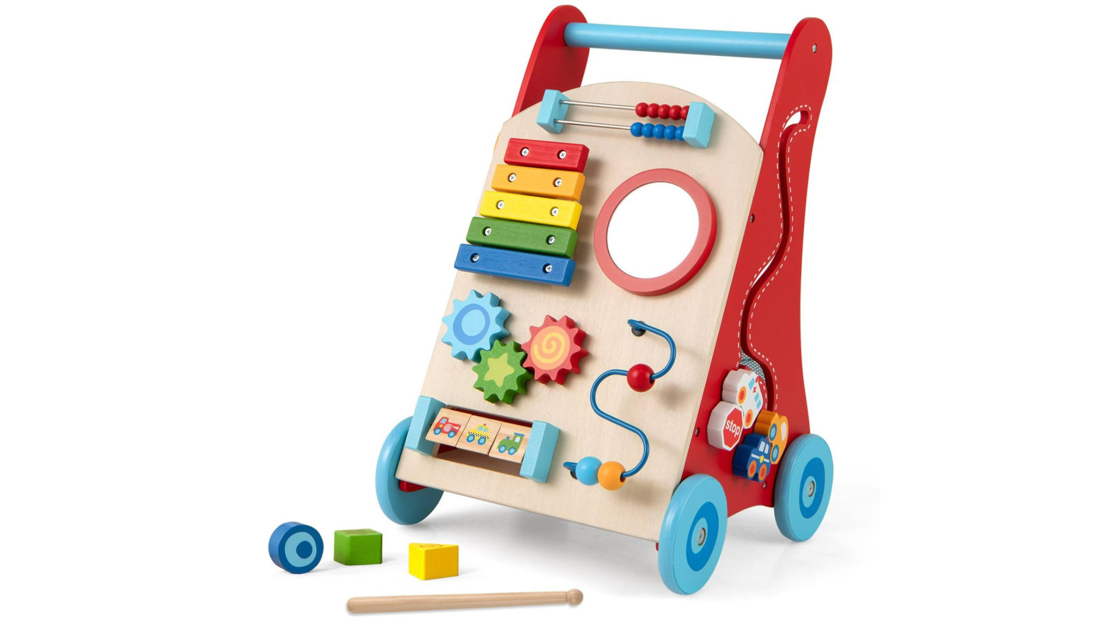 Costway Wooden Push Pull Walker with Storage Walking Stroller Learning Activity Center Educational Toy Play