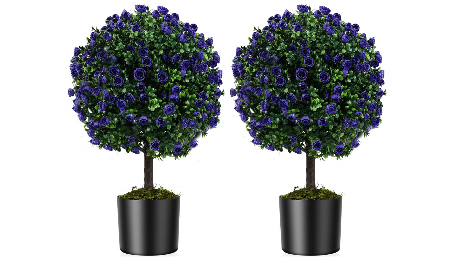 Costway 55cm Set of 2 Artificial Purple Rose Topiary Ball Trees Fake Boxwood Potted Decorative Plant