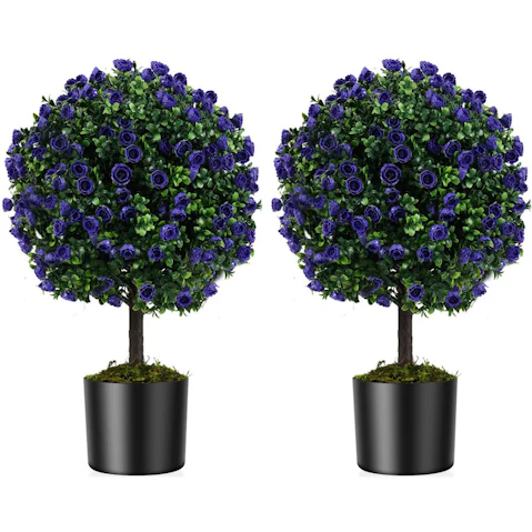 Costway 55cm Set of 2 Artificial Purple Rose Topiary Ball Trees Fake Boxwood Potted Decorative Plant