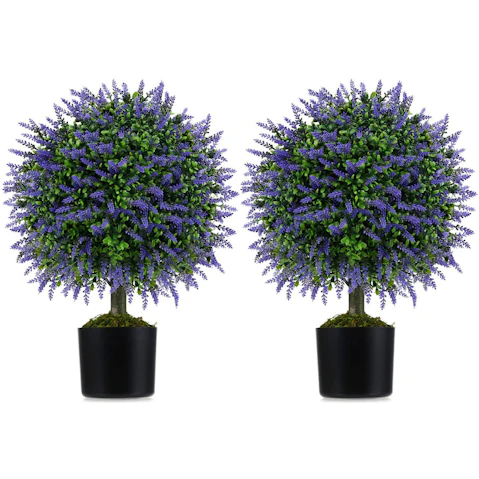 Costway Set of 2 58cm Artificial Lavender Topiary Ball Trees Fake Boxwood Potted Decorative Plant