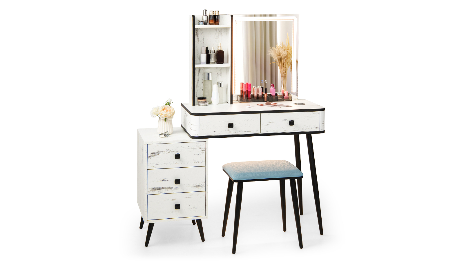Costway Vanity Makeup Drawer Table Set with Mirror - White
