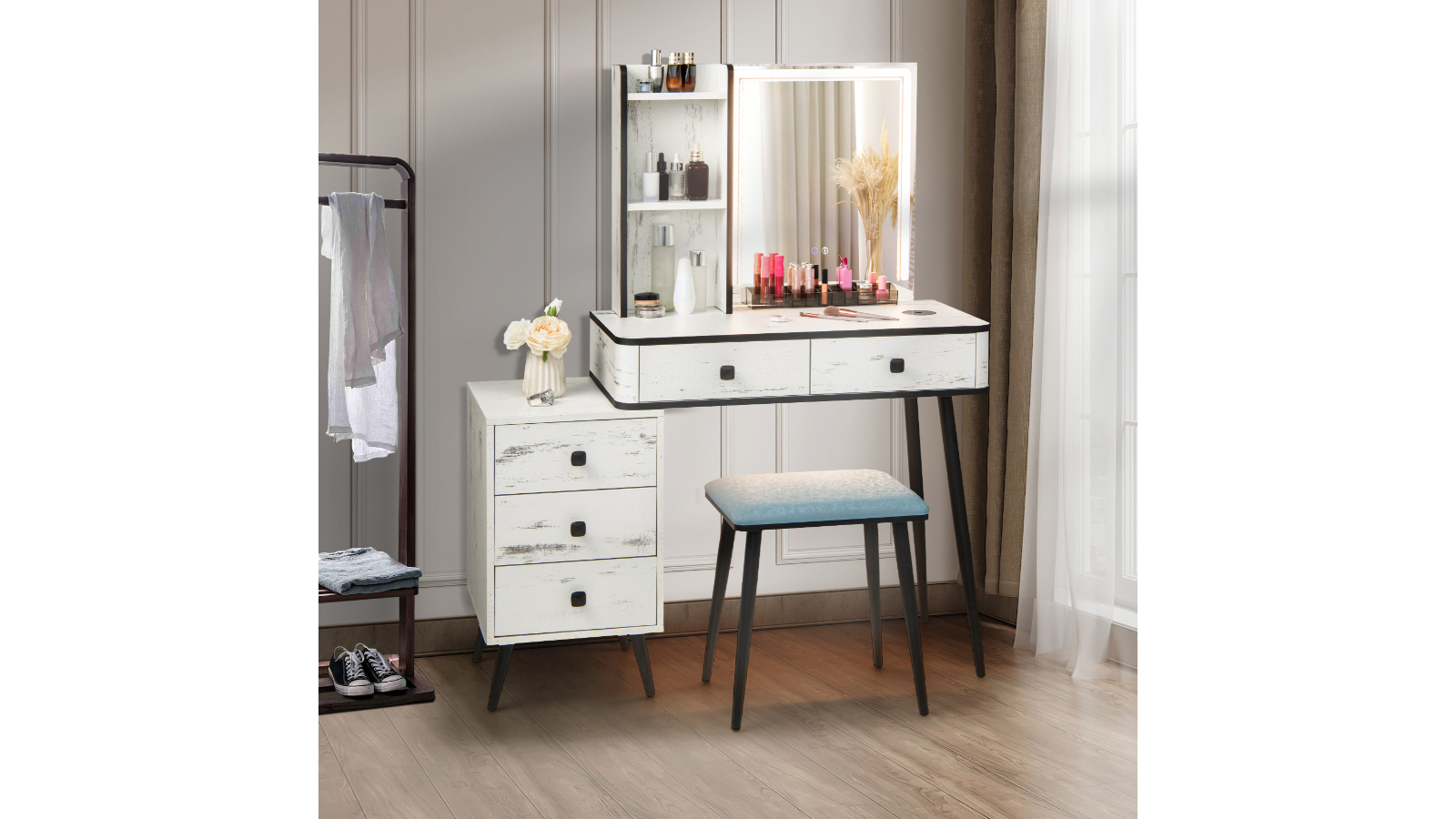 Costway Vanity Makeup Drawer Table Set with Mirror White