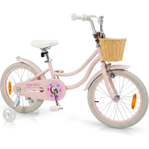 Costway 46cm 95% Pre-assembled Bike with Training Wheels and Retro Basket - Pink