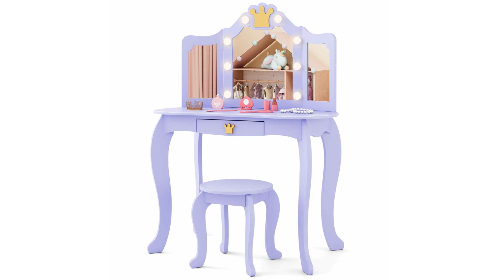Costway 2-in-1 Lighted Mirror Princess Makeup Dressing Table - Violet