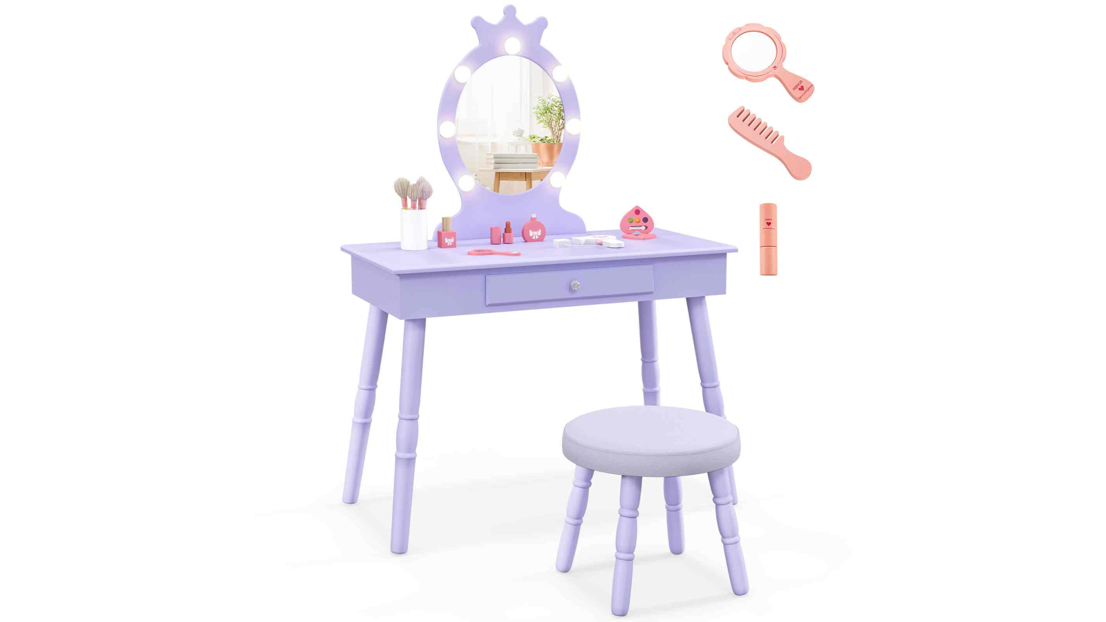 Costway 2-in-1 3-Color LED Lighted Mirror Wooden Princess Makeup Dressing Table