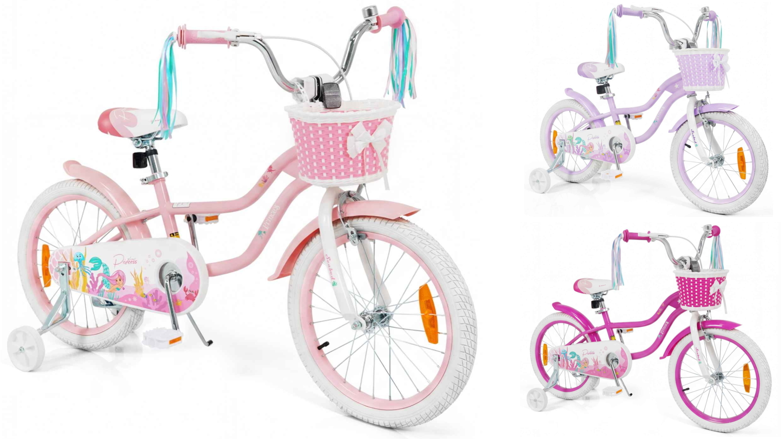 Costway 40cm Mermaid Girls Adjustable Bike with Hand/Coaster Brakes, Basket and Streamers