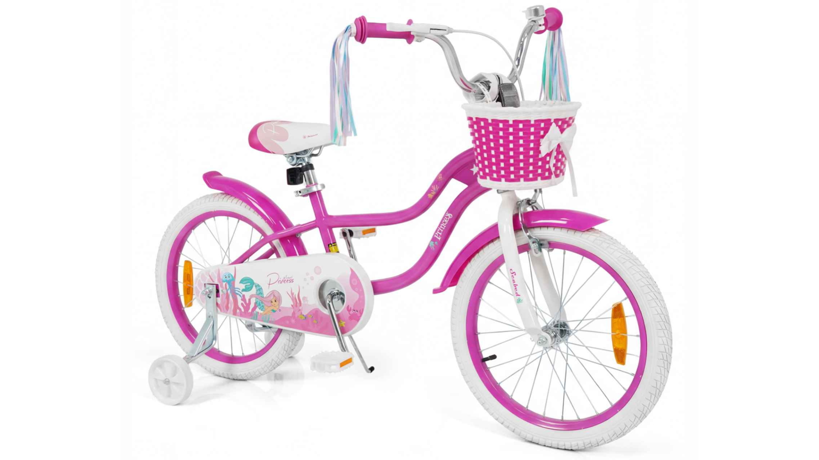 Costway 51cm Mermaid Girls Adjustable Bike with Hand/Coaster Brakes, Basket and Streamers - Rose Red