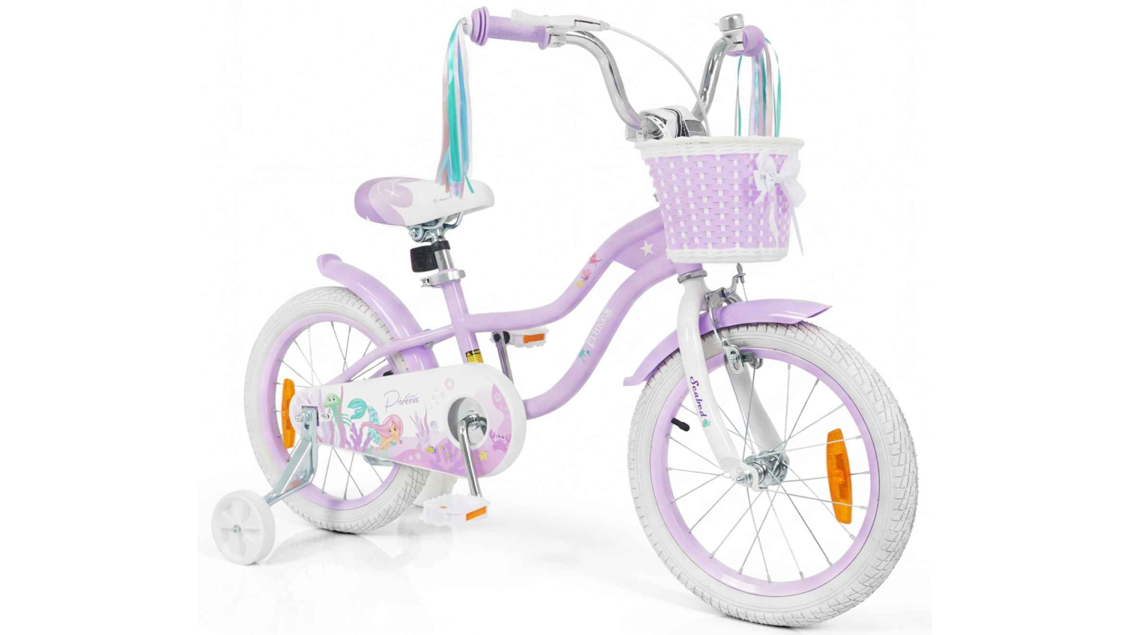 Costway 40cm Mermaid Girls Adjustable Bike with Hand/Coaster Brakes, Basket and Streamers - Purple