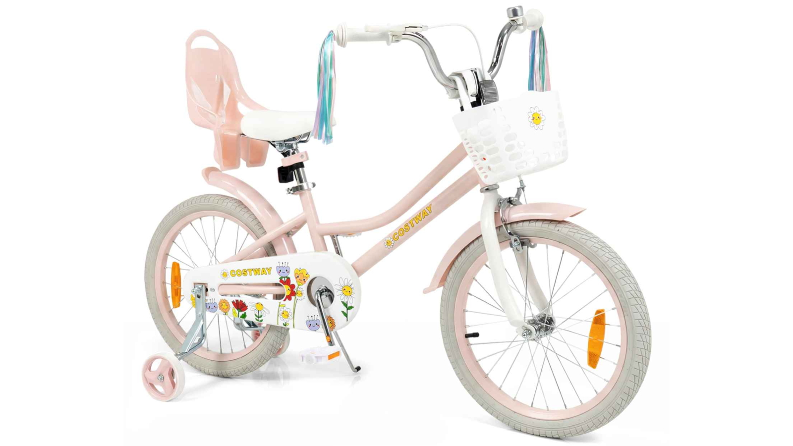 Costway 45cm Kids Bike with Training Wheels, Doll Seat and Front Basket - Pink