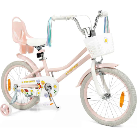Costway 45cm Kids Bike with Training Wheels, Doll Seat and Front Basket - Pink