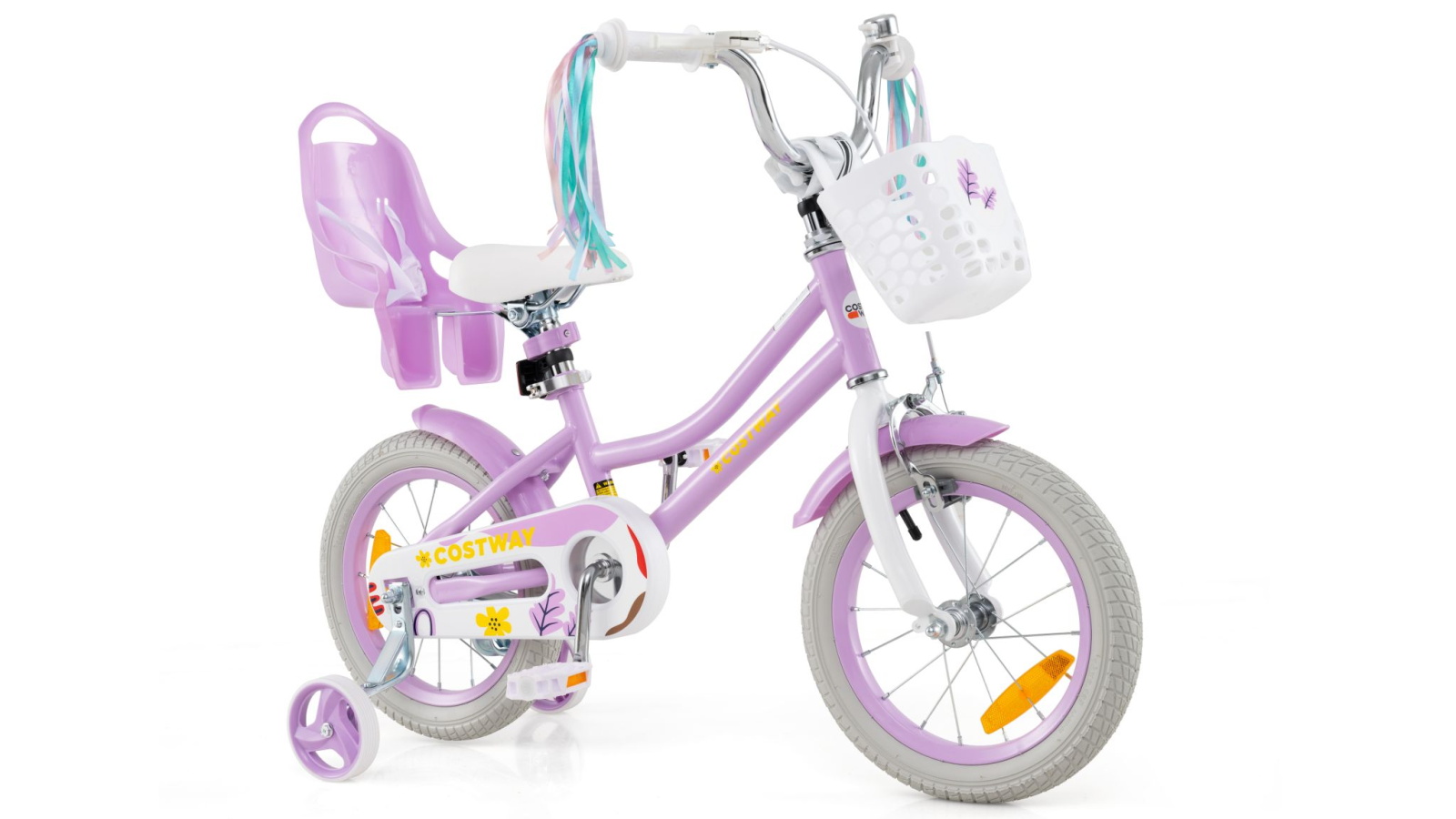 Costway 36cm Kids Bike with Training Wheels, Doll Seat and Front Basket - Purple