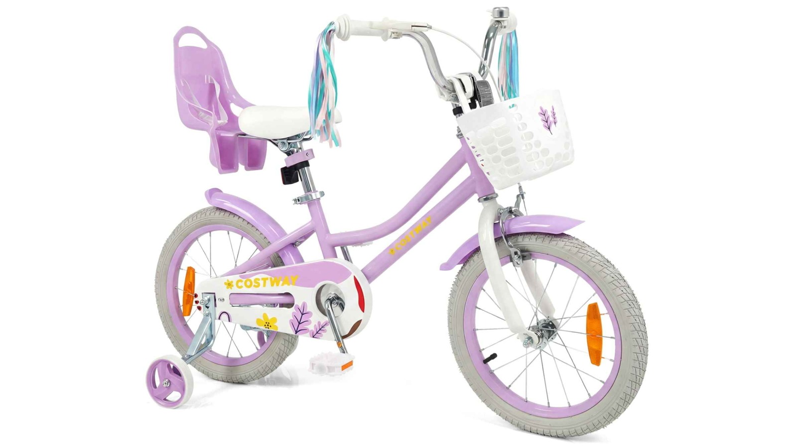 Costway 40cm Kids Bike with Training Wheels, Doll Seat and Front Basket - Purple