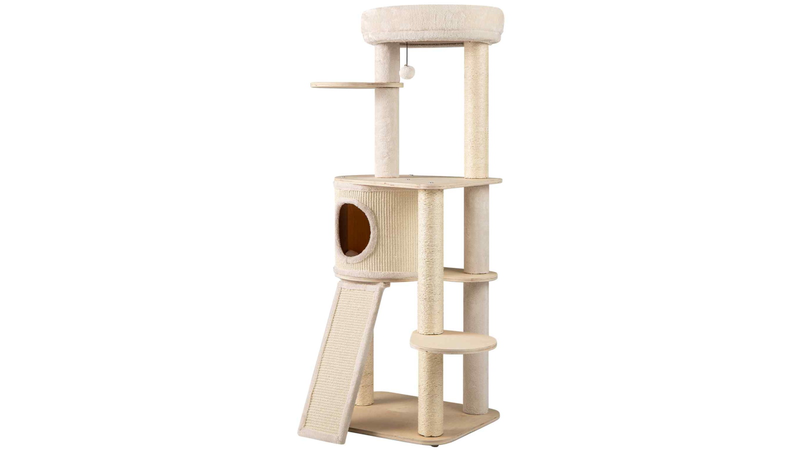 Costway 143cm Wooden Cat Tree Plush Condo Tower with Scratching Post, Mat and Ladder - Grey