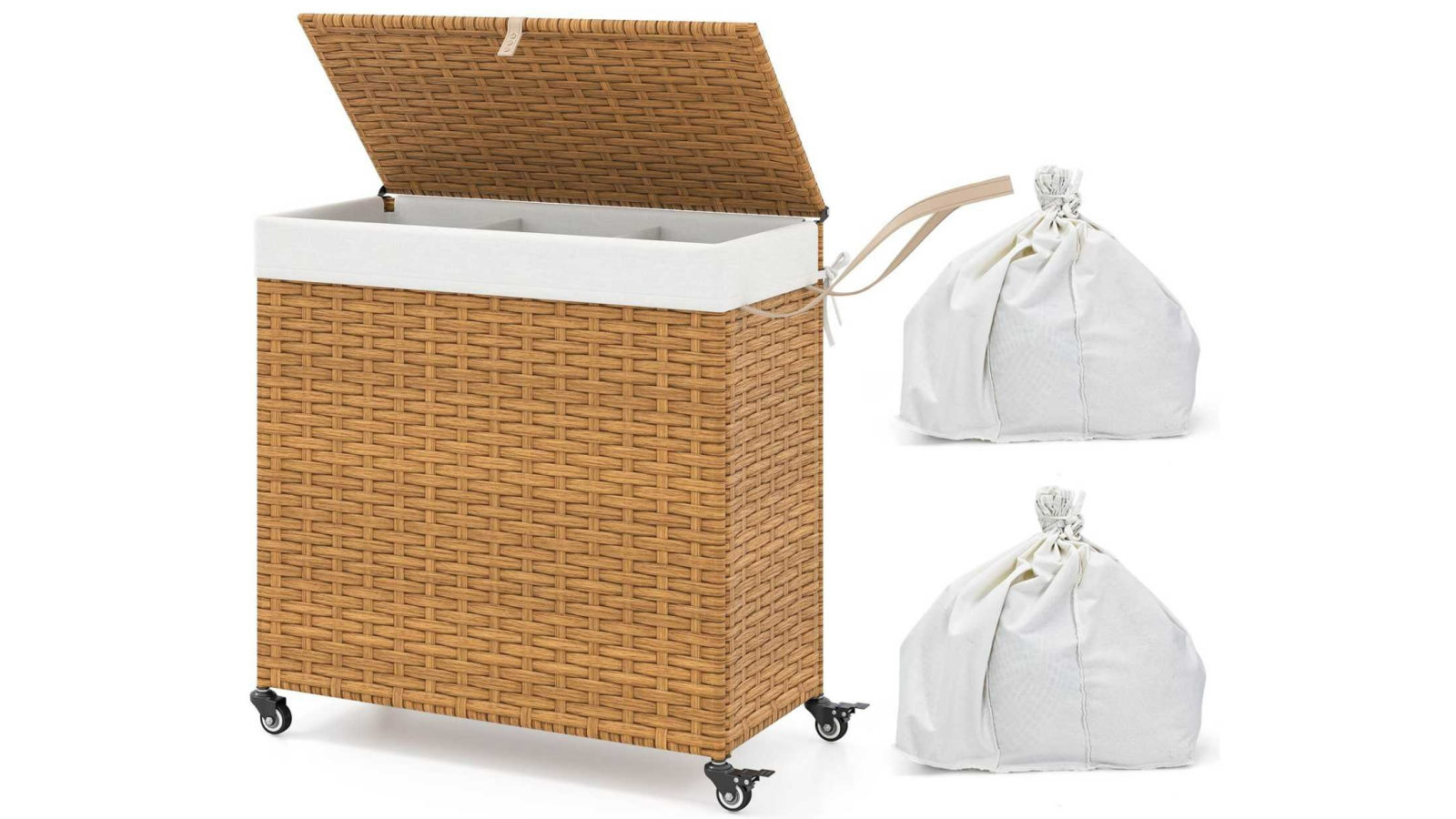 Costway 125L 3 Sections Laundry Hamper Rattan Divided Laundry Basket with Lid Wheels and Liner Bags - Natural