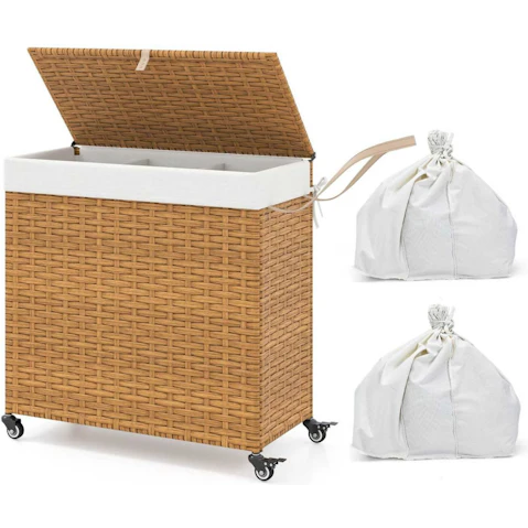 Costway 125L 3 Sections Laundry Hamper Rattan Divided Laundry Basket with Lid Wheels and Liner Bags - Natural