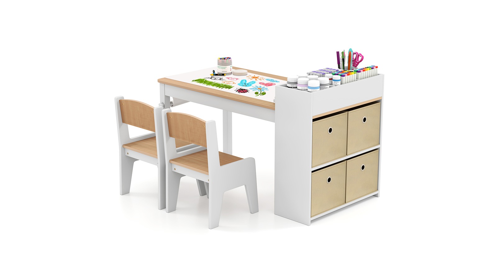 Costway Wooden Art Table/Chair Set with Paper Roll Storage and Bin - Natural
