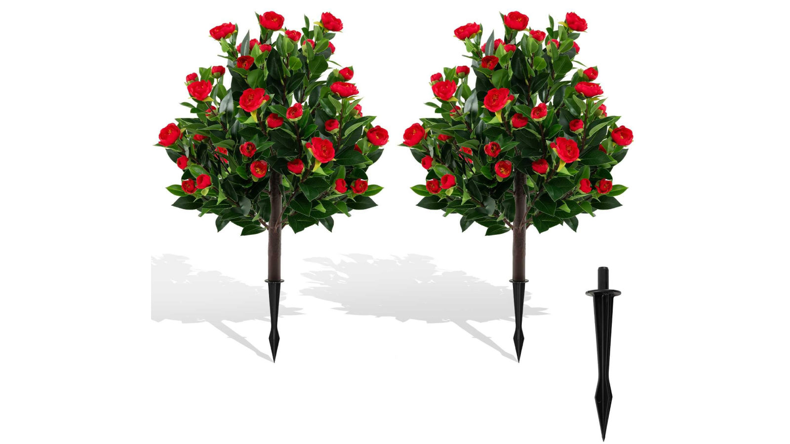 Costway Artificial Camellia Tree Set 2 Pack Fake Flower Tree Plants w/Ground Spikes Floral Blooming Bushes