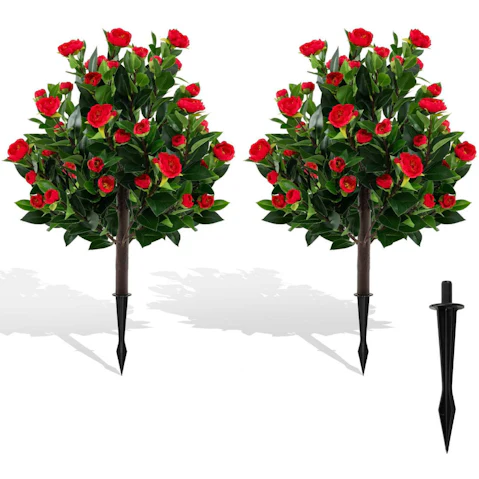Costway Artificial Camellia Tree Set 2 Pack Fake Flower Tree Plants w/Ground Spikes Floral Blooming Bushes