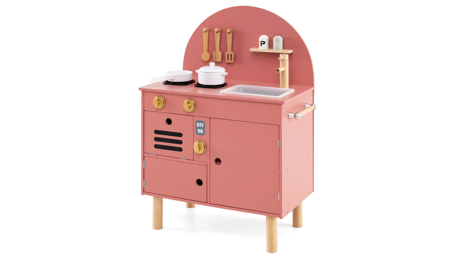 Costway Small Wooden Kitchen Playset with Storage, Stove, Sink, Microwave and Oven - Pink