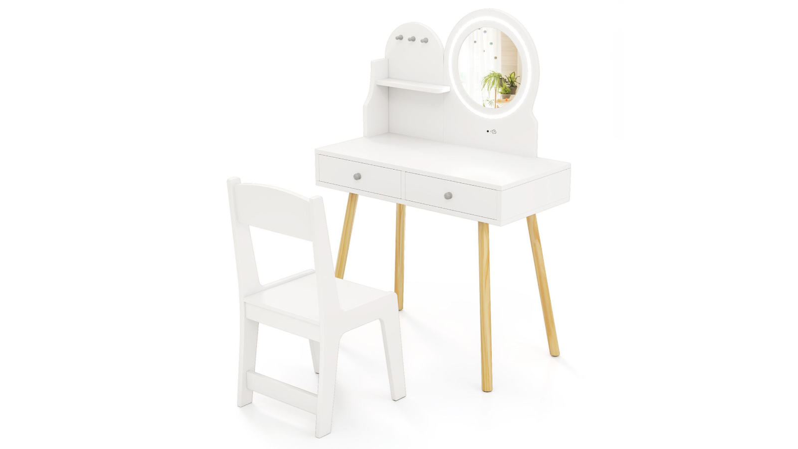 Costway Princess 3-Hook Table Chair Set with 2-Color LED Mirror and Drawer - White