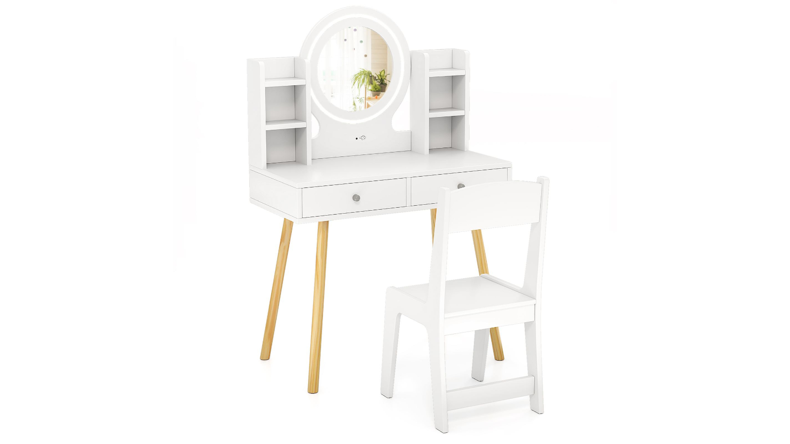 Costway Wooden Table and Chair Set with 2-Color LED Mirror and Storage - White