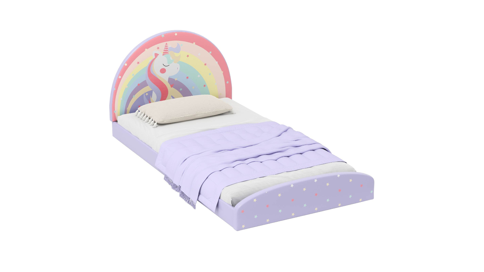 Costway Purple Unicorn Pattern Single Floor Bed Frame with Bedhead