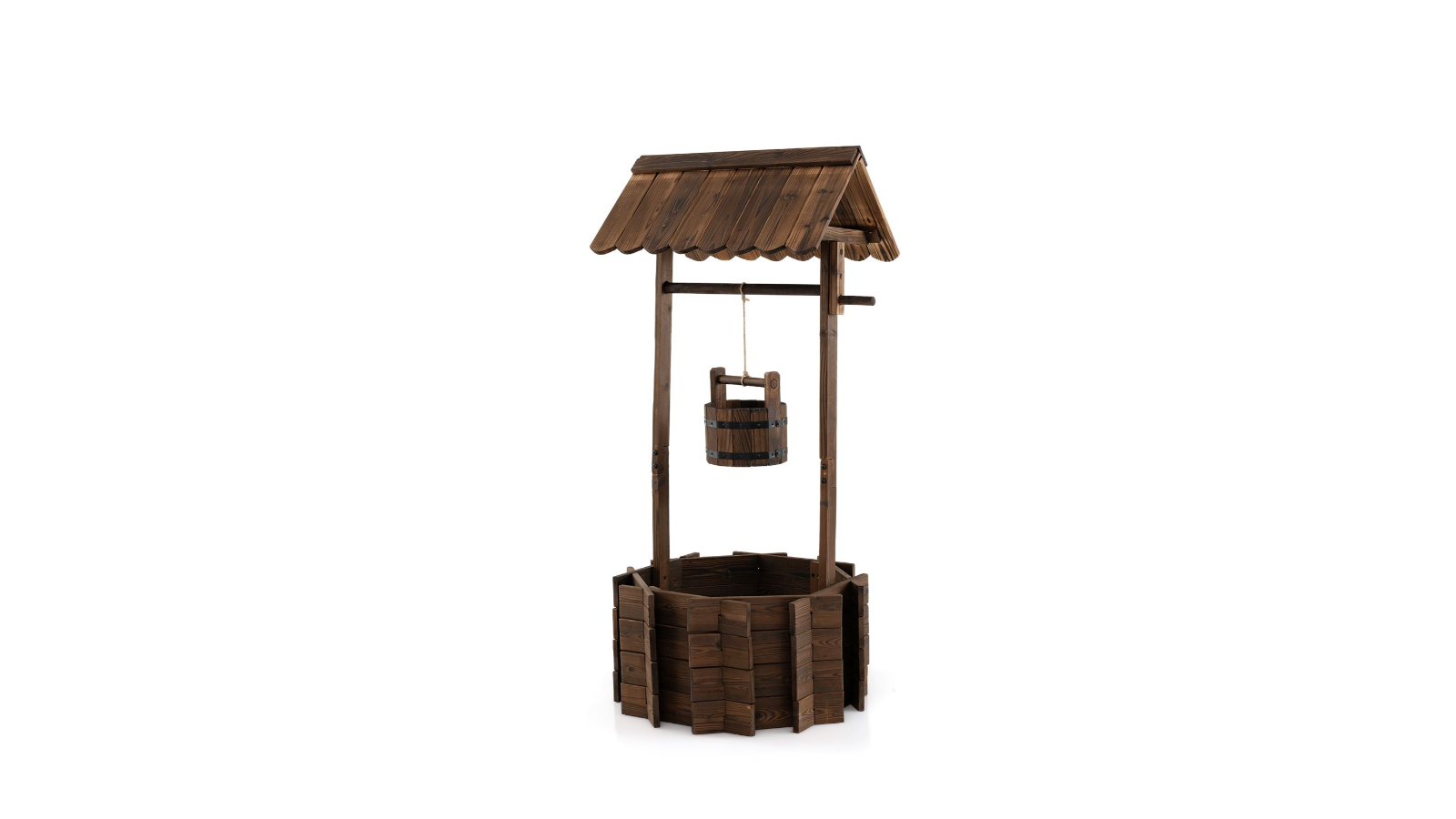 Costway Rustic Wood Wishing Well Planter with Hanging Bucket