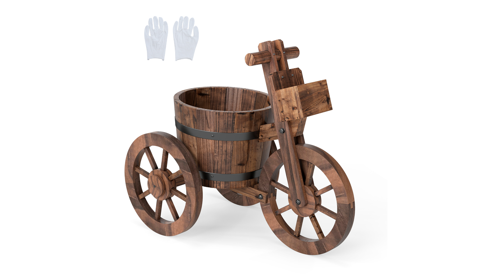 Costway 3-Wheel Wood Wagon Barrel Flower Cart - Coffee