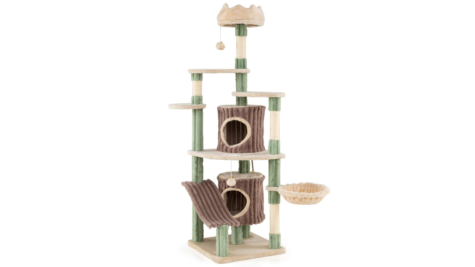 Costway 163cm Cat Tree with 2 Condos Plush Perch Basket Bed Slide Style Platform Ball