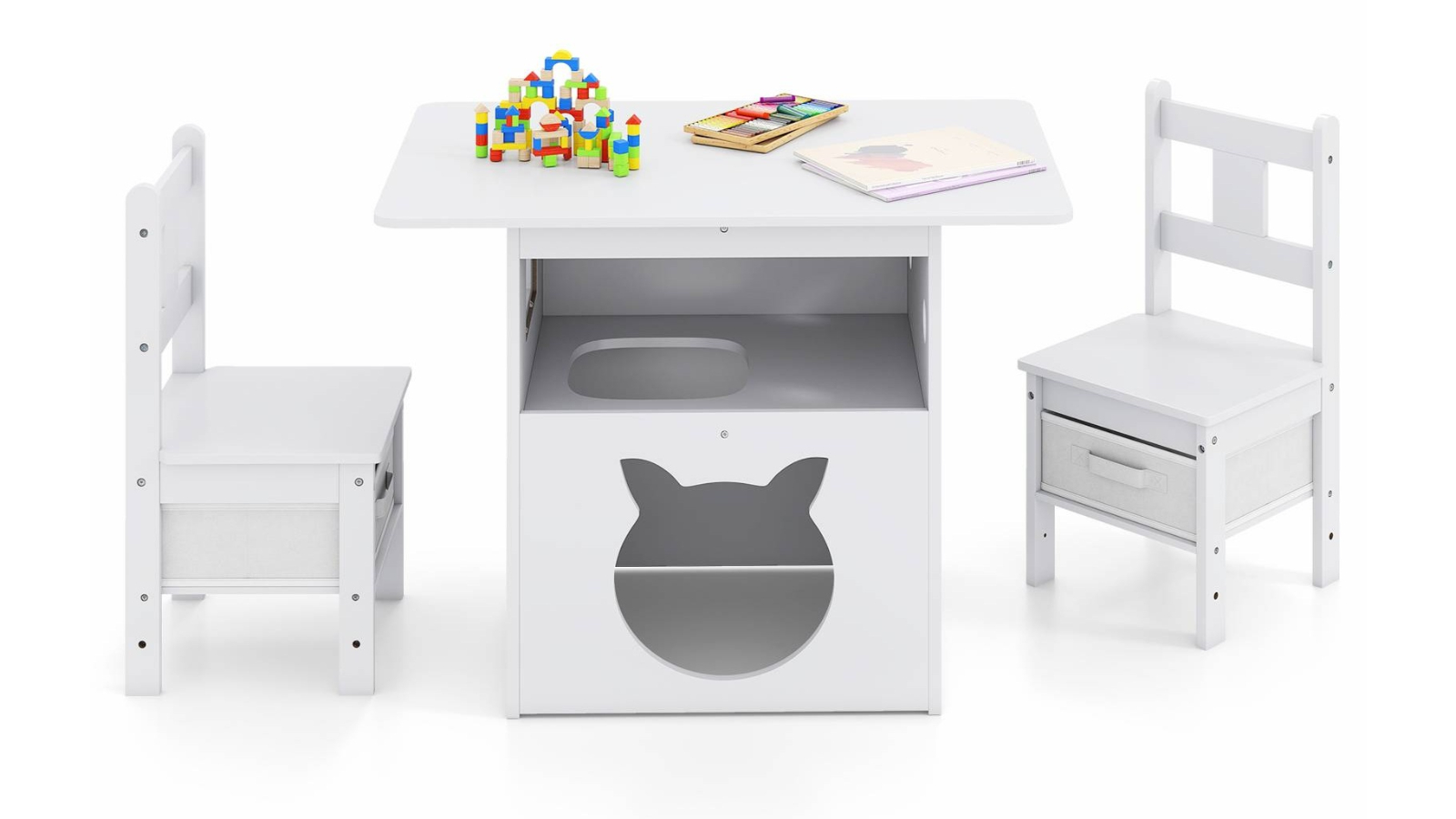 Costway White Kids Table and Chair Set with Cat House
