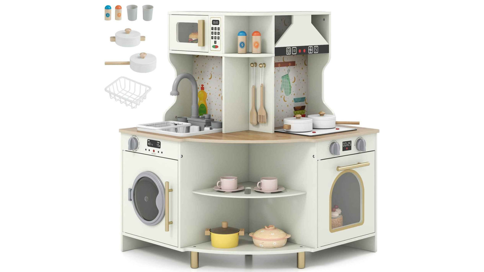 Costway Wooden Corner Kitchen Playset with Working Faucet Sink and Microwave Pretend Play Toy Cooking Set