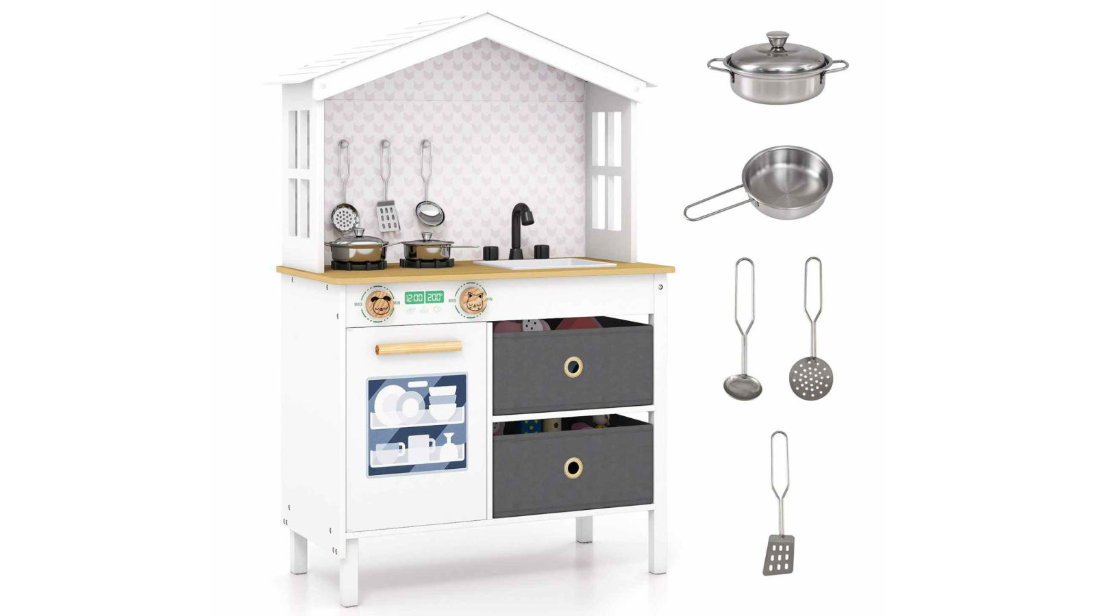 Costway House Shaped Chef Pretend Play Kitchen Toy with Stove Sink Dishwasher Storage - White