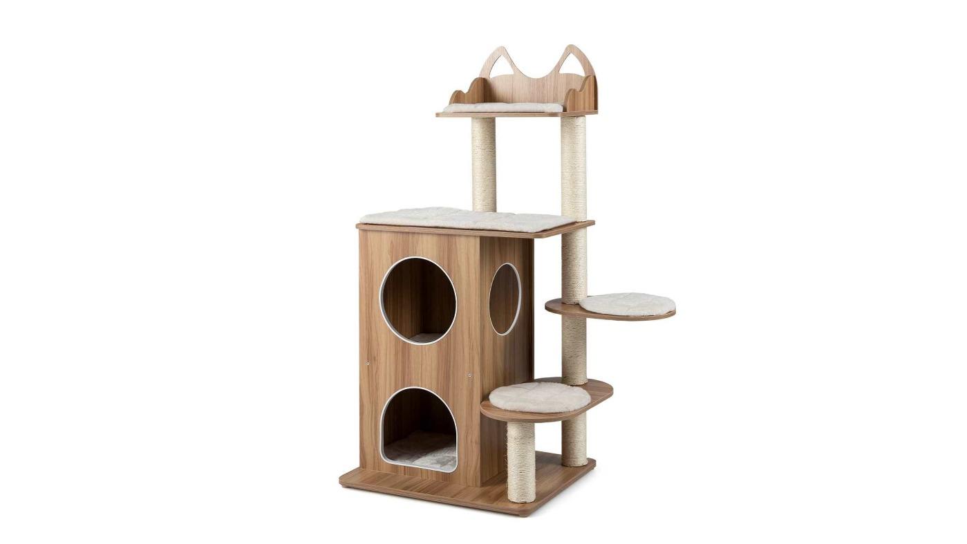 Costway 122cm Wooden Cat Tree with 2-Floor Condo Cute Top Perch 3 Platform Cushion