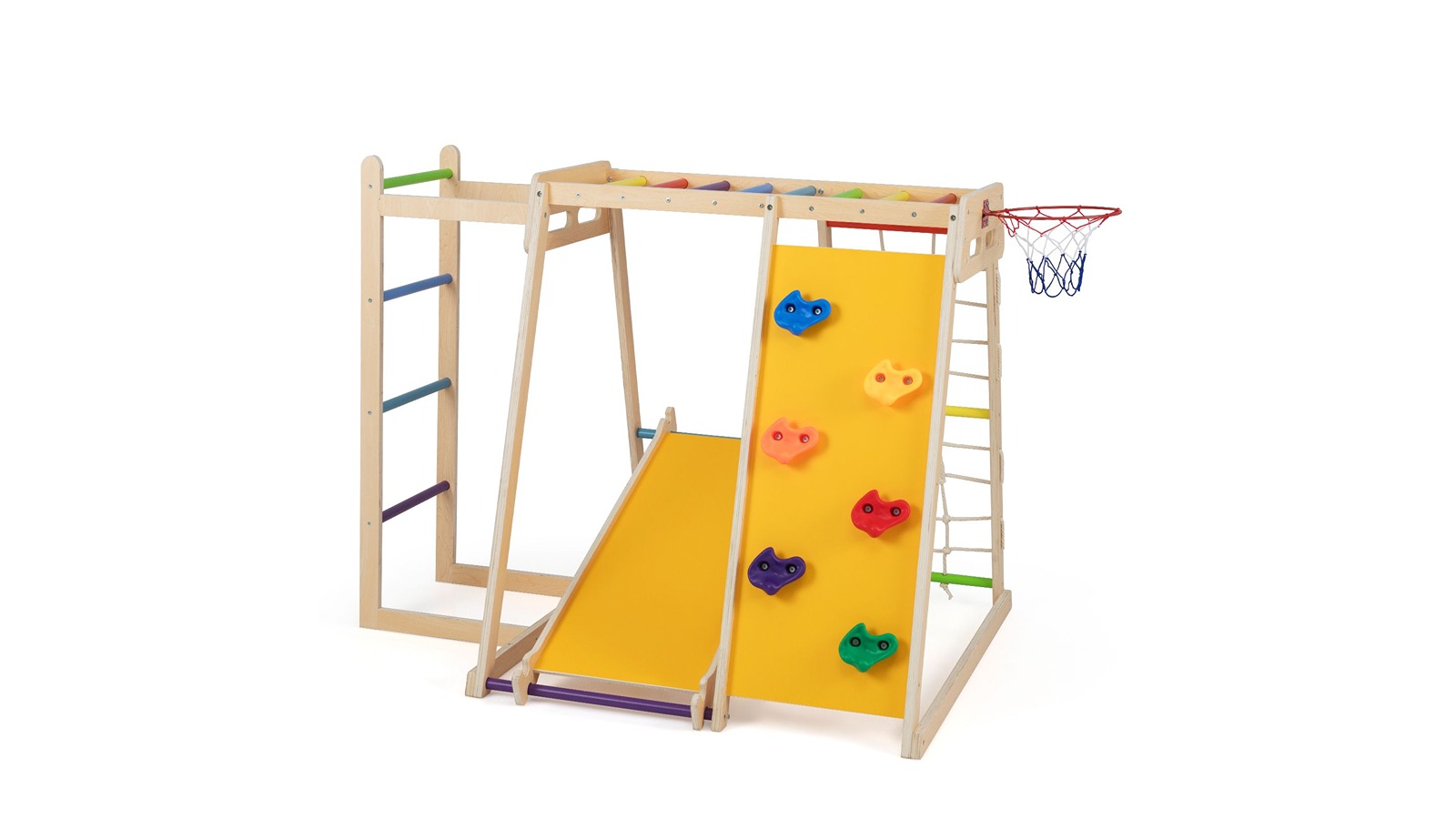 Costway 6-in-1 Jungle Gym Wood Swing Basketball Hoop Playset - Multi-Coloured