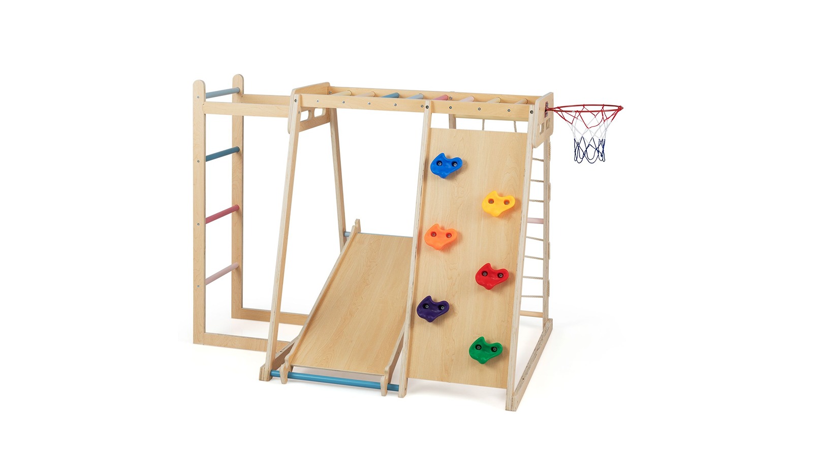 Costway 6-in-1 Jungle Gym Wood Swing Basketball Hoop Playset