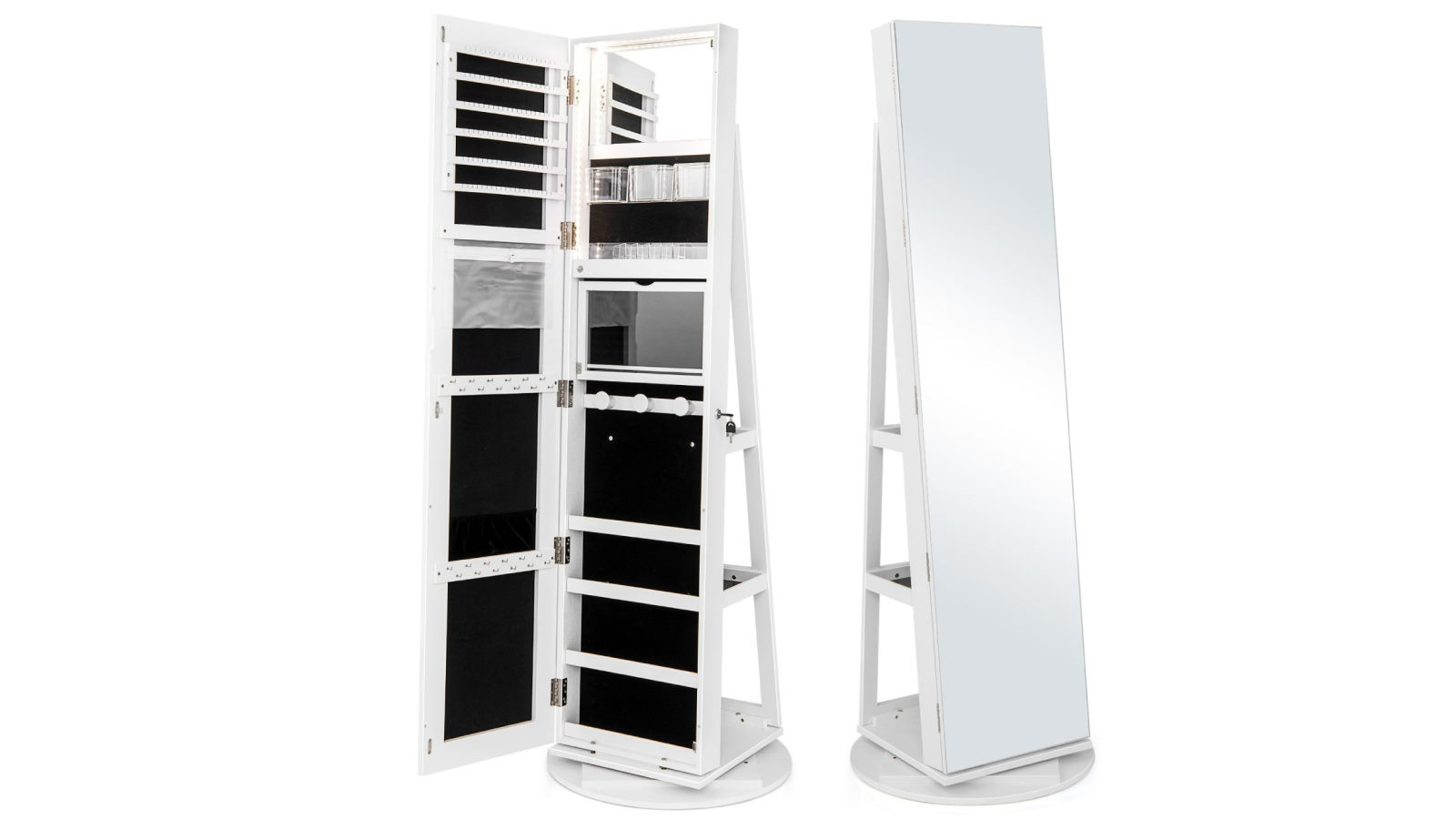 Costway Mirror Jewelry Cabinet Rotating Armoire with LED - White