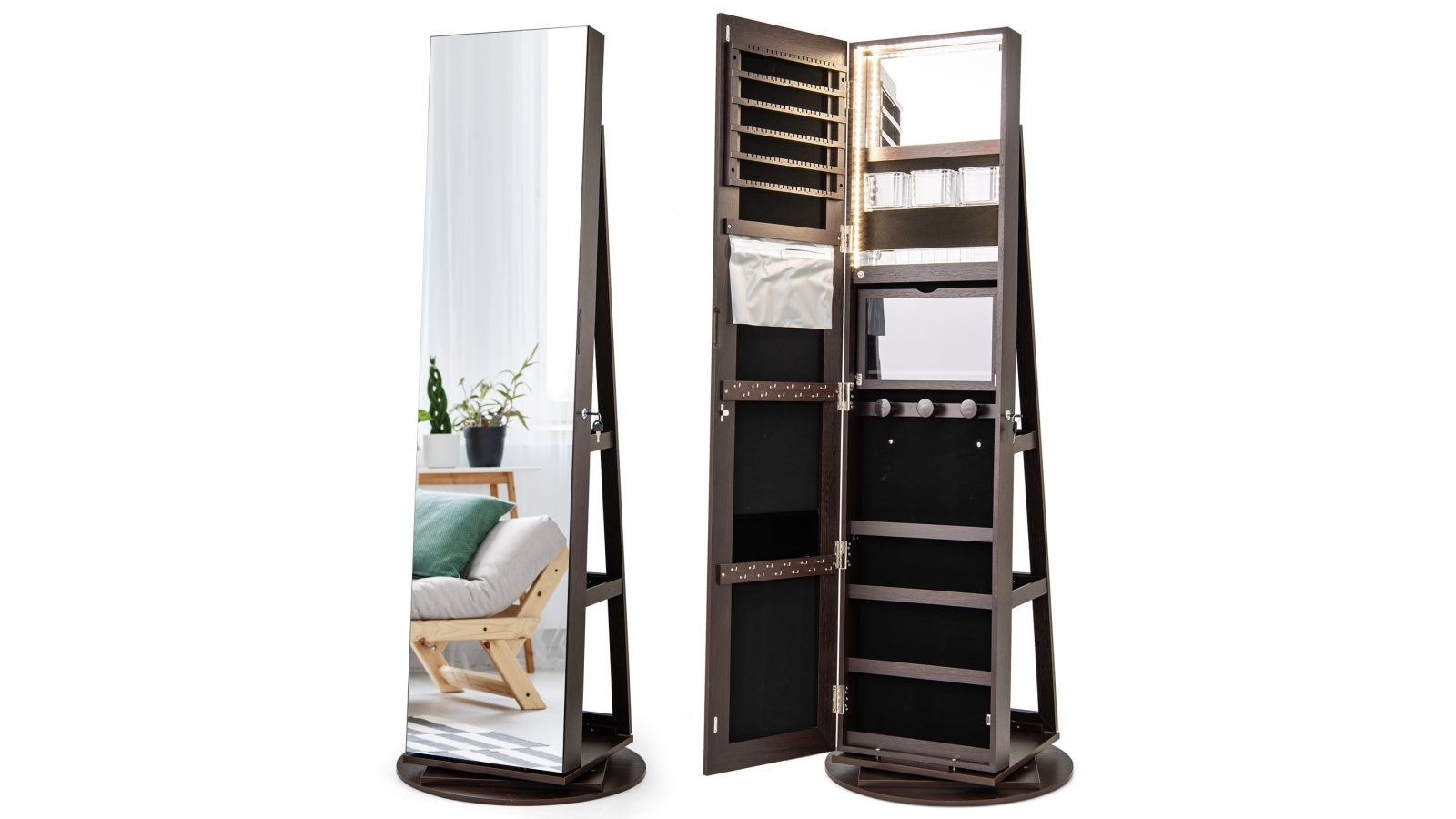 Costway 360 Rotating Jewelery Cabinet Armoire with Inside Makeup Mirror and 3-Color Auto-on LED Lights