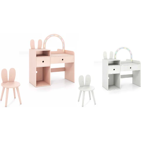 Costway Kids Princess Vanity Table and Chair Set with Lighted Mirror