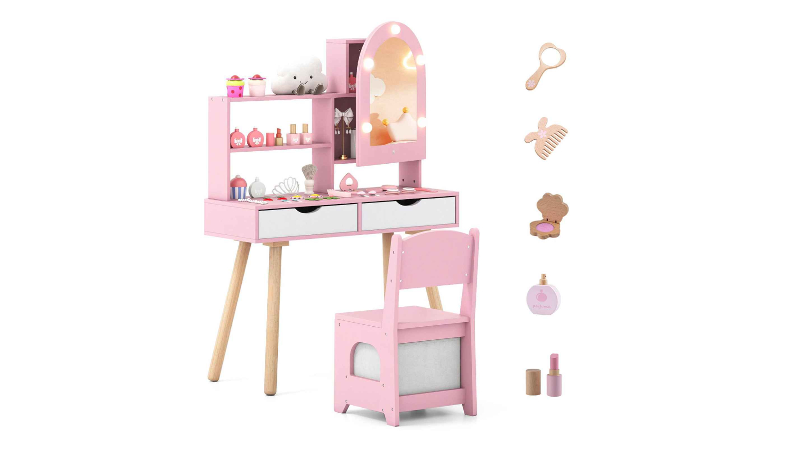 Costway Pretend Play Princess Dressing Table Set with Light - Pink