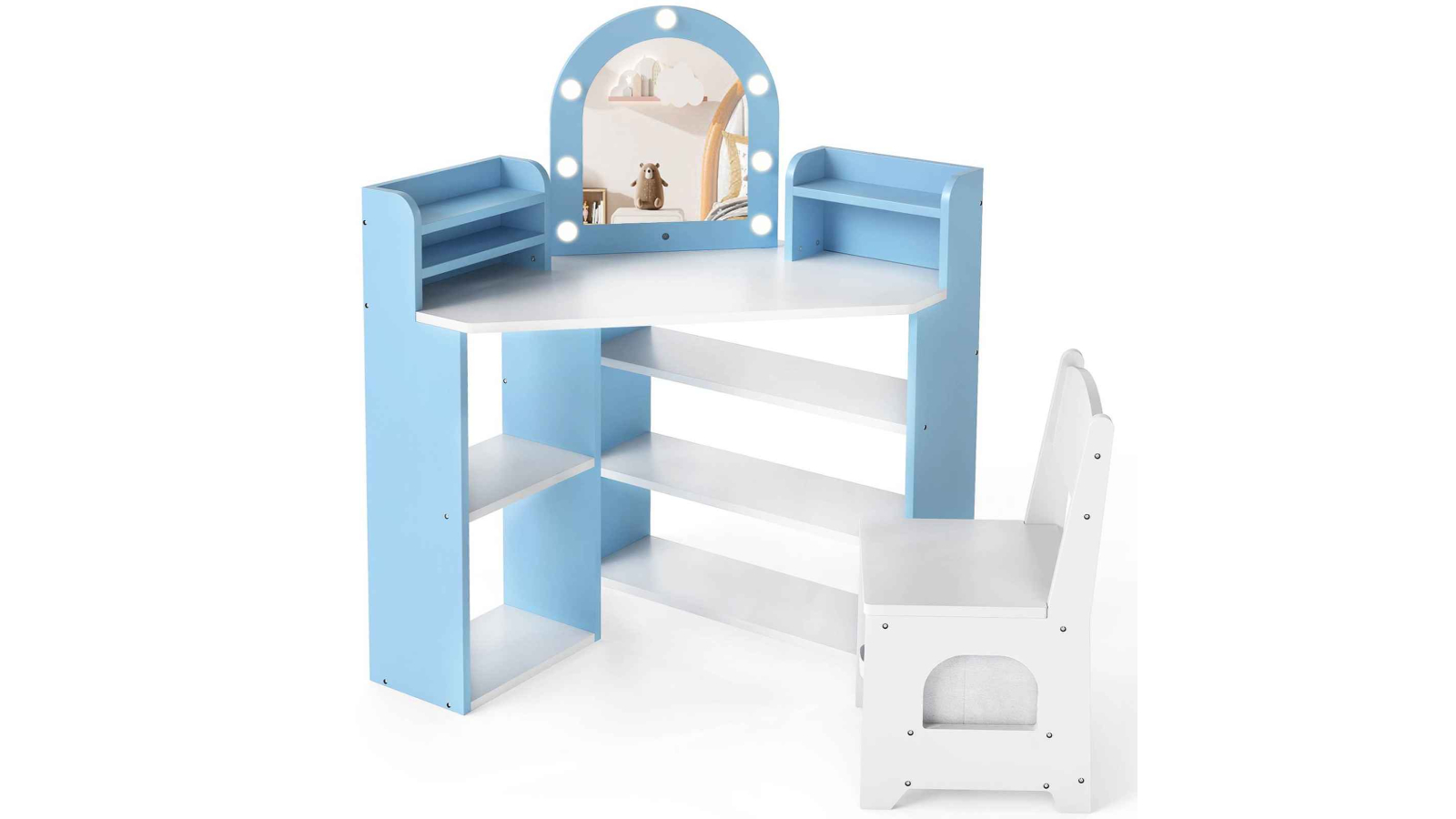 Costway Corner Vanity Desk and Chair Set with Storage