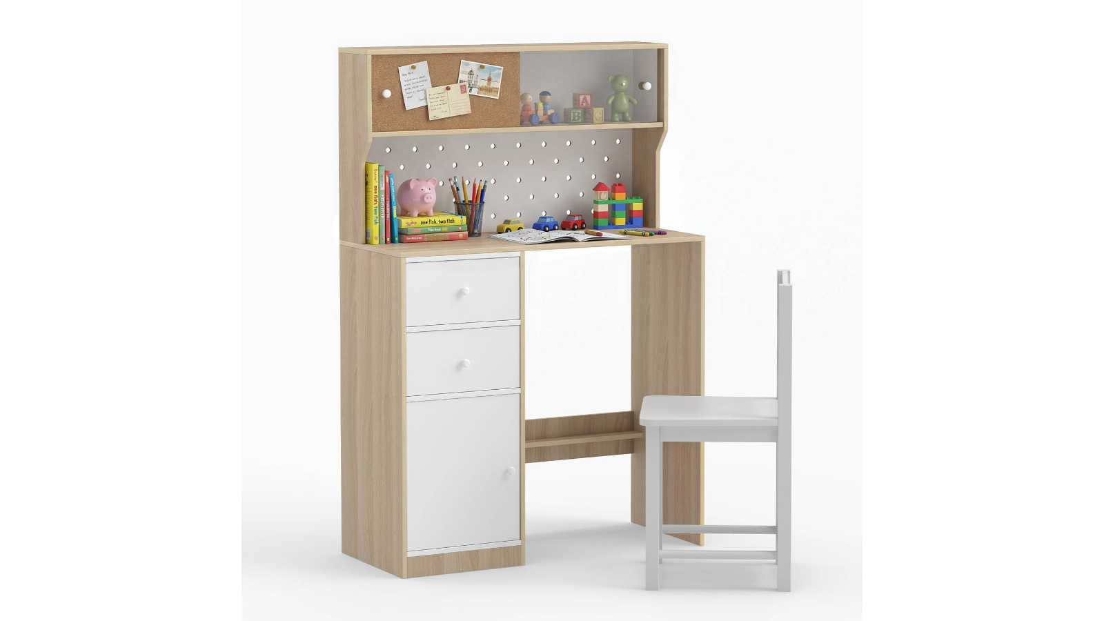 Costway Wooden Desk and Chair Set with Pegboard