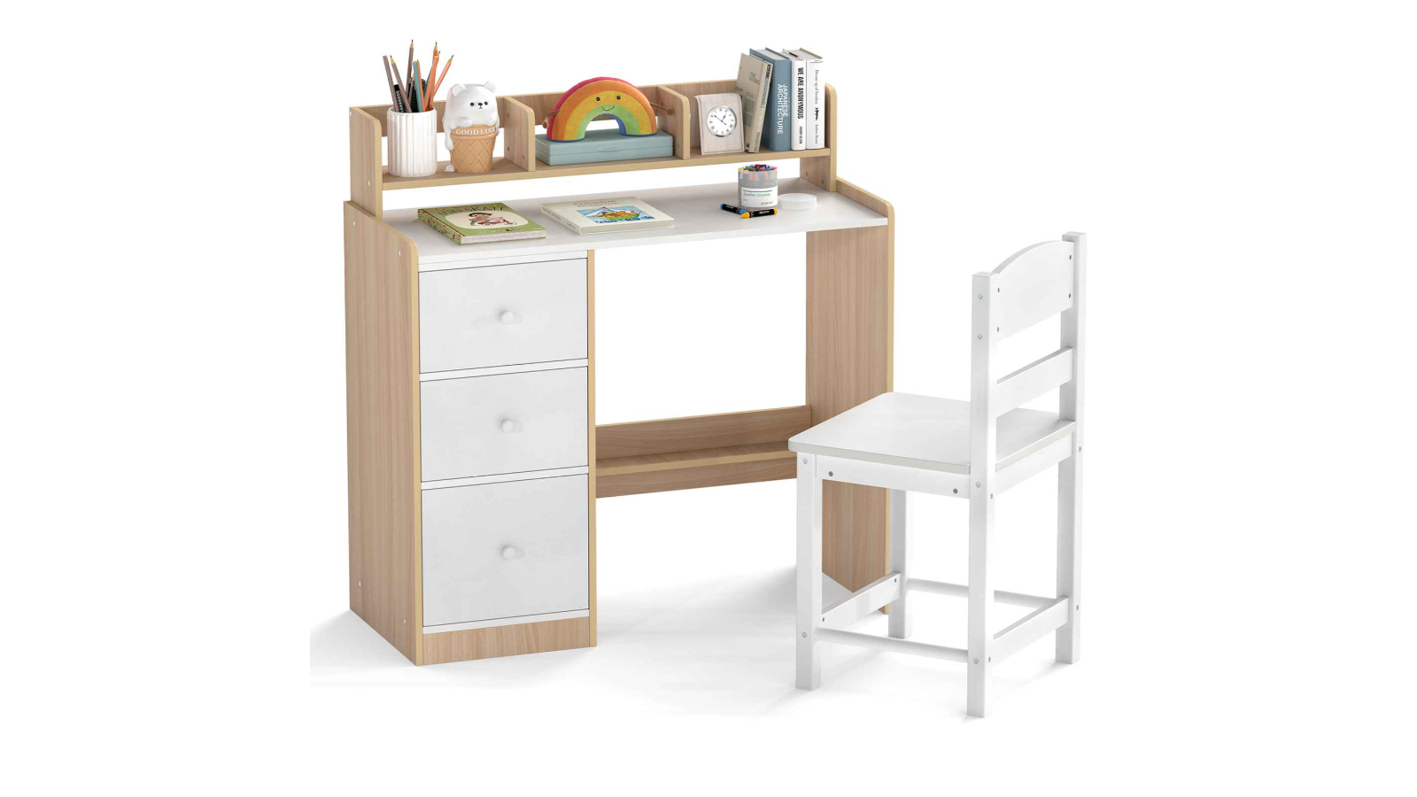 Costway Wood Study Desk and Chair Set with 3-Drawer