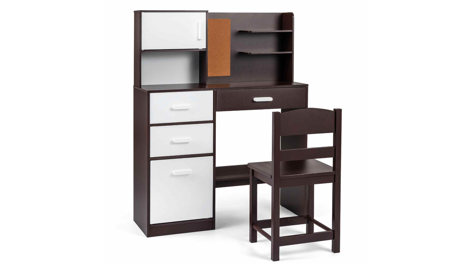 Costway Wood Study Desk and Chair Set with 3-Drawer and Cork Bulletin Board