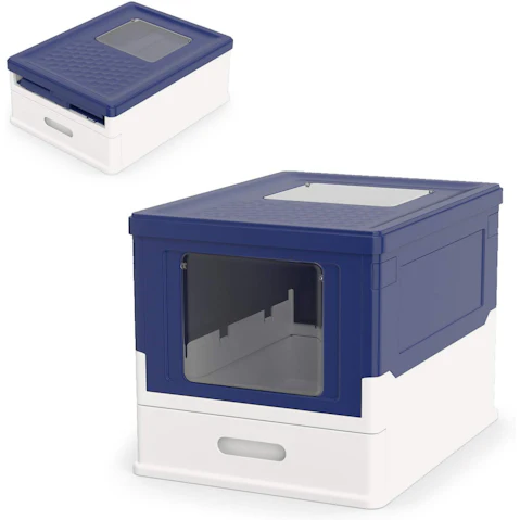 Costway Foldable Enclosed Cat Litter Box with Flip Top Exit and Drawer Tray - Blue