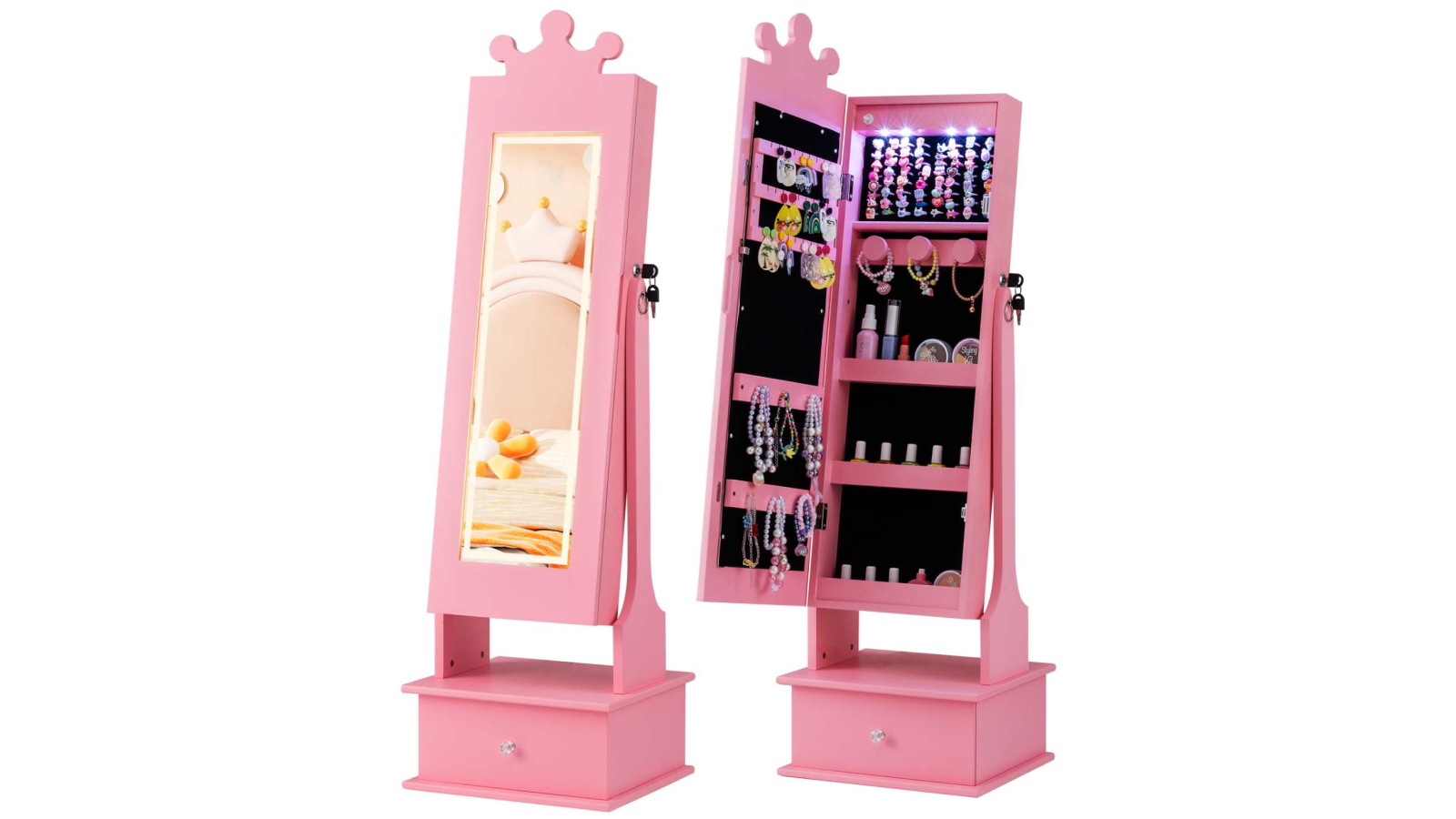 Costway Freestanding Mirror Jewellery Cabinet with Lights - Pink