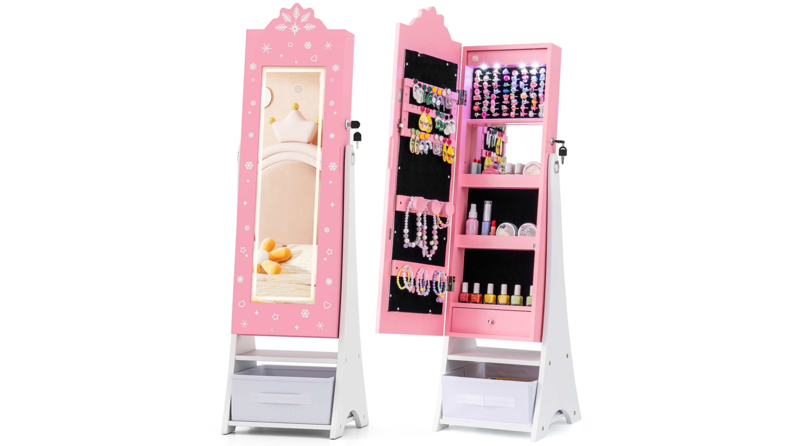 Costway Freestanding Mirror Jewellery Cabinet with 3-Colour Lights - Pink