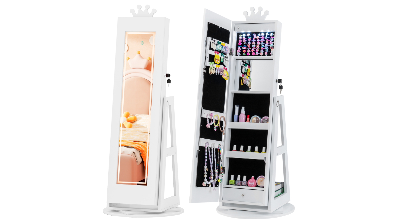 Costway Crown 3-in-1 Swivel Mirror Jewellery Cabinet with Lights - White