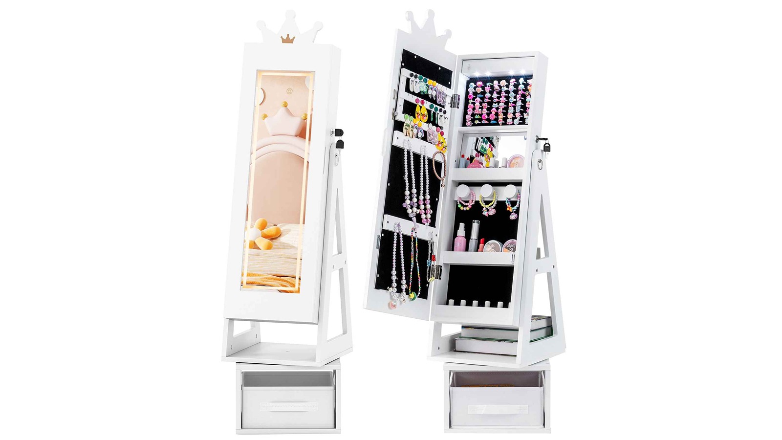 Costway 3-in-1 Swivel Princess Jewellery Cabinet with Light - White