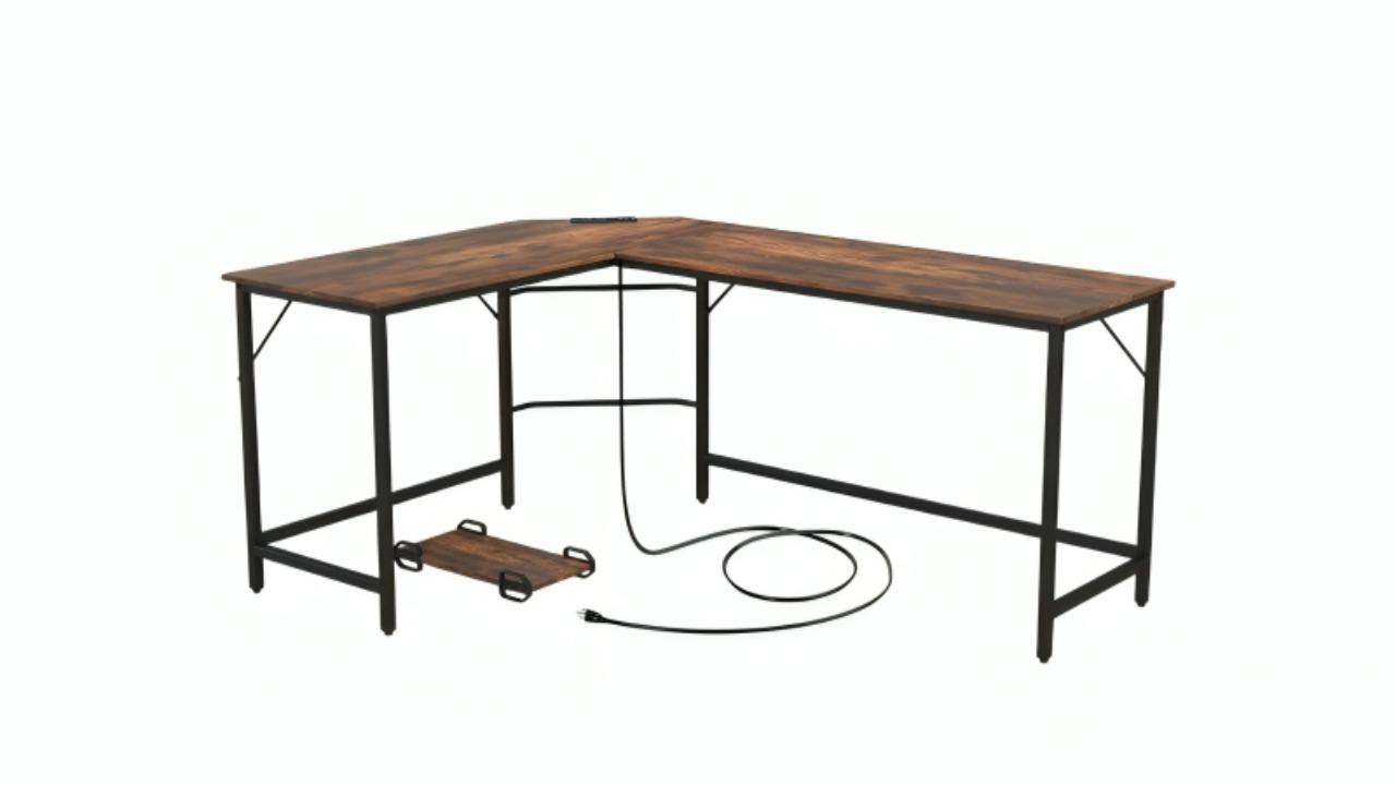 Costway L-Shaped Industrial Corner Desk with CPU Stand and Charging Station
