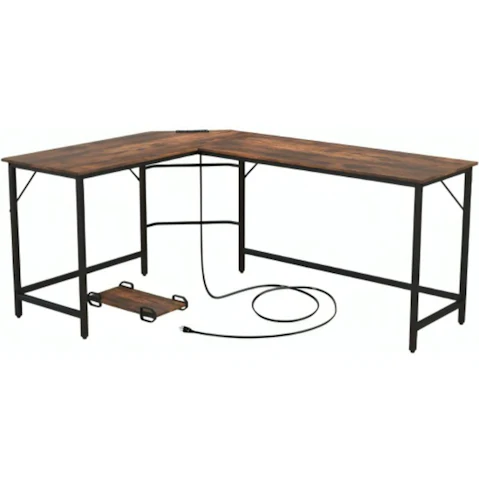 Costway L-Shaped Industrial Corner Desk with CPU Stand and Charging Station